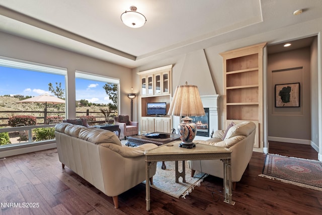 7601 Autumn Ridge Cir, Reno, NV 89523 - living area featuring a large fireplace, dark wood-style floors, healthy amount of natural light, a tray ceiling, and recessed lighting