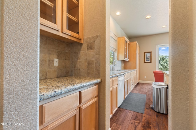 7601 Autumn Ridge Cir, Reno, NV 89523 - kitchen with backsplash, dishwasher, dark wood-style flooring, glass insert cabinets, and recessed lighting