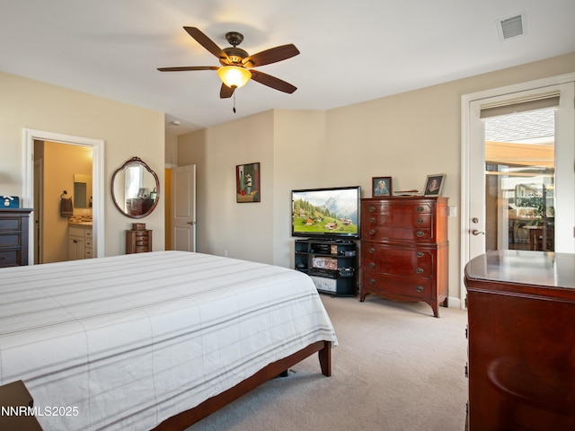 1221 Lasso Ln, Gardnerville, NV 89410 - bedroom featuring light carpet, ceiling fan, and ensuite bathroom