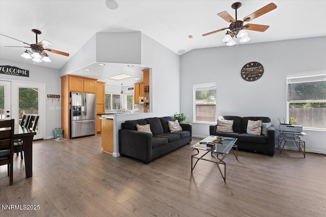 805 Samantha Cir, Fallon, NV 89406 - living area with ceiling fan, vaulted ceiling, wood finished floors, and french doors