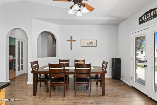805 Samantha Cir, Fallon, NV 89406 - dining area featuring vaulted ceiling, french doors, ceiling fan, and wood finished floors