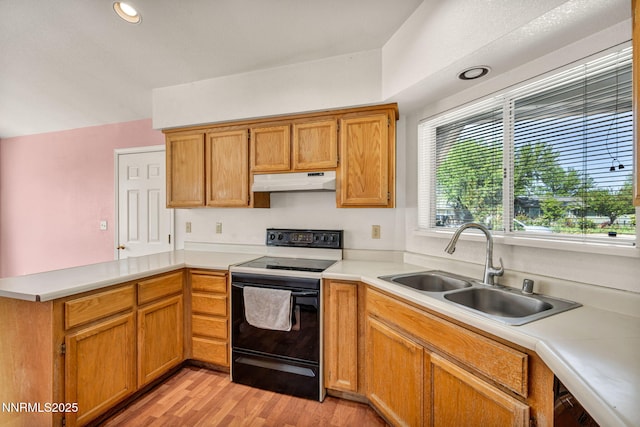 1331 Victoria Dr, Gardnerville, NV 89460 - kitchen featuring black / electric stove, under cabinet range hood, a sink, a peninsula, and light countertops