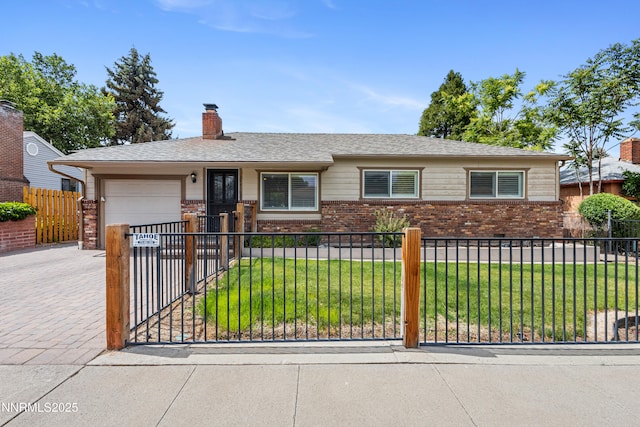 2441 Riviera St, Reno, NV 89509 - ranch-style house with brick siding, an attached garage, driveway, and a chimney