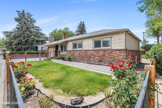 2441 Riviera St, Reno, NV 89509 - ranch-style house with brick siding, a chimney, a garage, and a gate