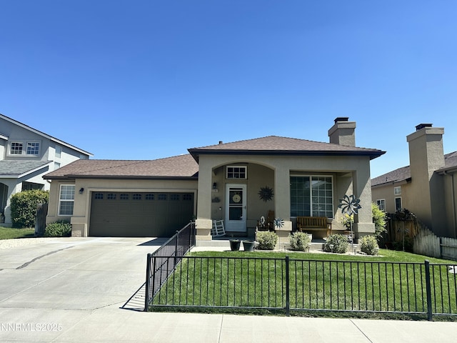 2787 Foxhill Dr, Carson City, NV 89706 - view of front of home with a garage, driveway, stucco siding, covered porch, and a chimney