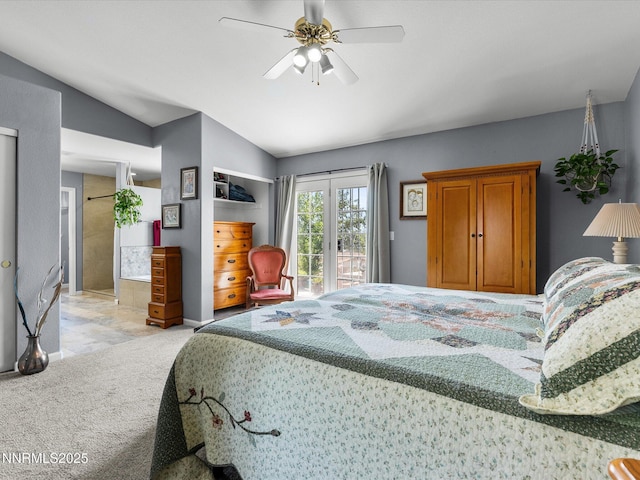 15 Cormorant Ct, Sparks, NV 89441 - bedroom with access to outside, vaulted ceiling, light colored carpet, and a ceiling fan