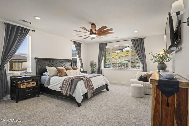 10450 Palladium Mine Dr, Reno, NV 89521 - bedroom featuring light carpet, baseboards, recessed lighting, and ceiling fan