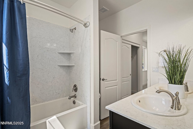 10450 Palladium Mine Dr, Reno, NV 89521 - full bathroom featuring shower / bathtub combination with curtain, vanity, and wood finished floors