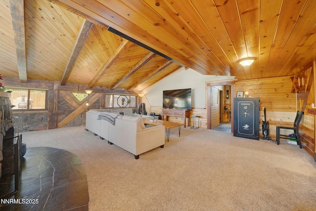 12245 Spruce Ln, Reno, NV 89511 - living area with wooden walls, wood ceiling, and carpet floors
