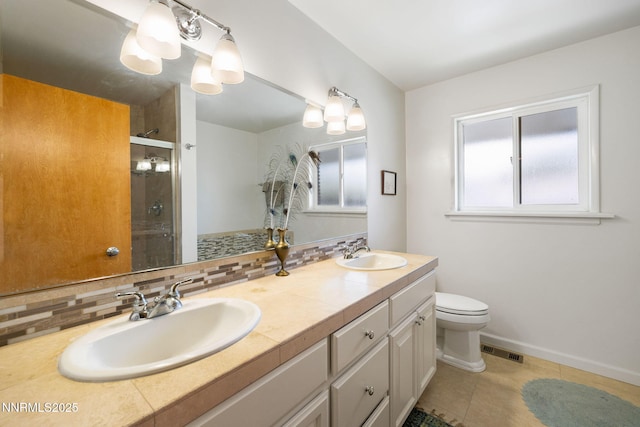 1435 Palisade Dr, Reno, NV 89509 - full bathroom with double vanity, a stall shower, tile patterned floors, toilet, and backsplash