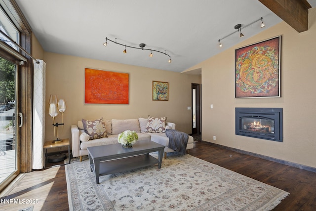 909 Tyner Way, Incline Village, NV 89451 - living area with wood finished floors, rail lighting, a glass covered fireplace, and vaulted ceiling