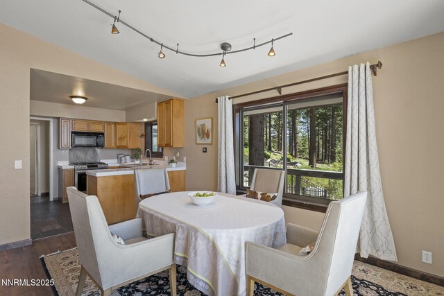 909 Tyner Way, Incline Village, NV 89451 - dining room featuring baseboards, lofted ceiling, and dark wood-type flooring