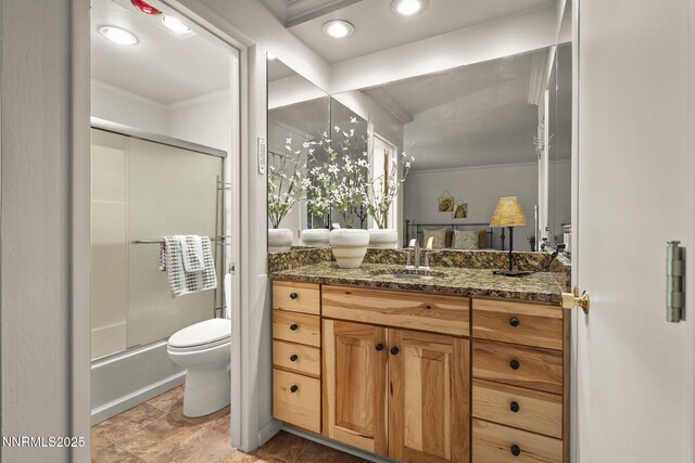 136 Juanita Dr Unit 53, Incline Village, NV 89451 - full bathroom featuring ornamental molding, toilet, vanity, shower / bath combination with glass door, and recessed lighting