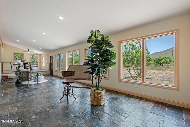 105 Rodeo Dr, Reno, NV 89508 - living room featuring stone tile flooring, baseboards, lofted ceiling, recessed lighting, and ceiling fan