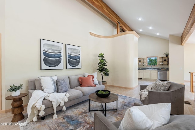 105 Rodeo Dr, Reno, NV 89508 - living room featuring light wood-type flooring, high vaulted ceiling, recessed lighting, beamed ceiling, and baseboards