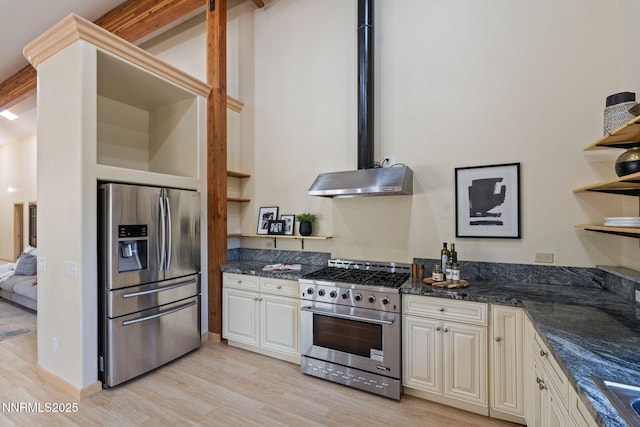 105 Rodeo Dr, Reno, NV 89508 - kitchen with open shelves, appliances with stainless steel finishes, light wood-type flooring, range hood, and cream cabinetry
