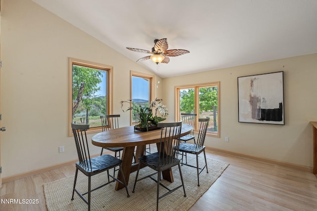 105 Rodeo Dr, Reno, NV 89508 - dining space with light wood-style flooring, a ceiling fan, vaulted ceiling, and baseboards