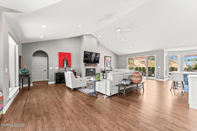 346 Wolf Run Ct, Reno, NV 89511 - living room with ceiling fan, wood finished floors, high vaulted ceiling, arched walkways, and a glass covered fireplace