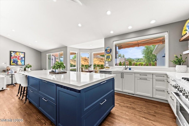 346 Wolf Run Ct, Reno, NV 89511 - kitchen with a sink, blue cabinetry, high end range, white cabinets, and light countertops