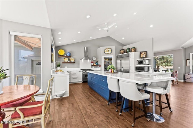 346 Wolf Run Ct, Reno, NV 89511 - kitchen with premium appliances, blue cabinets, light countertops, vaulted ceiling, and wall chimney range hood