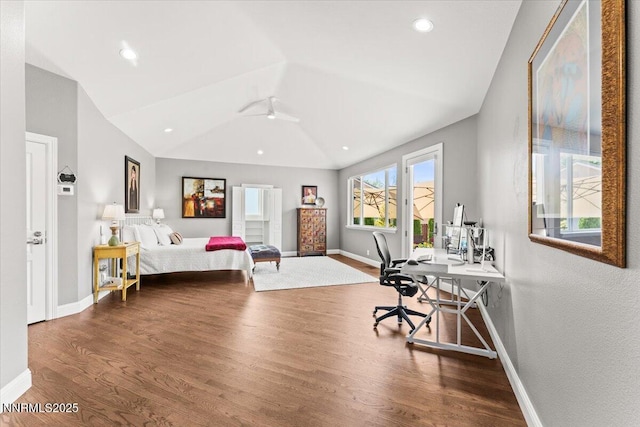 346 Wolf Run Ct, Reno, NV 89511 - bedroom with access to exterior, a desk, wood finished floors, baseboards, and lofted ceiling