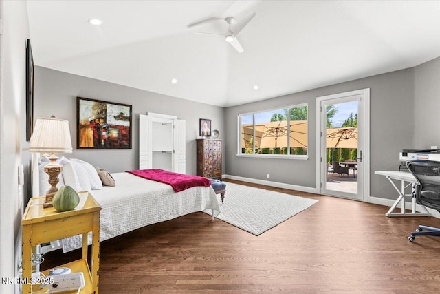 346 Wolf Run Ct, Reno, NV 89511 - bedroom featuring vaulted ceiling, access to outside, wood finished floors, baseboards, and ceiling fan