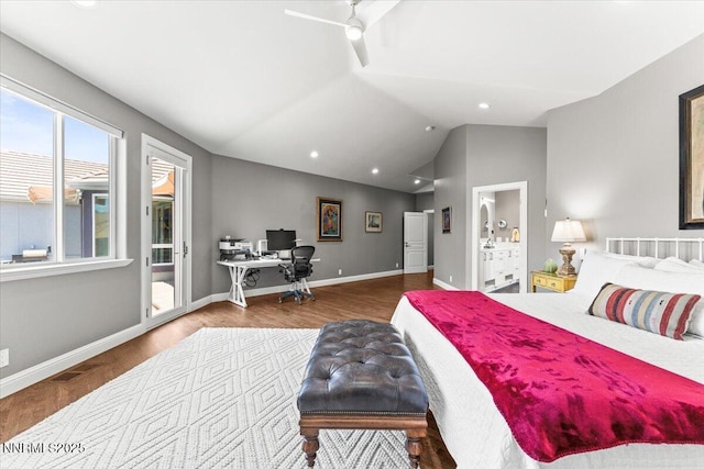 346 Wolf Run Ct, Reno, NV 89511 - bedroom with vaulted ceiling, a desk, wood finished floors, baseboards, and recessed lighting
