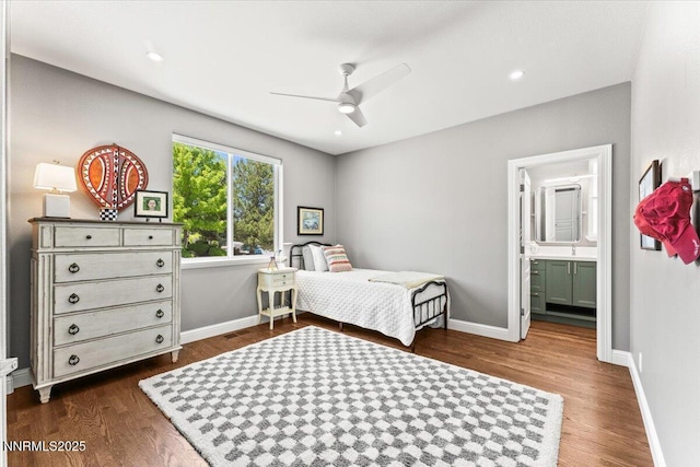 346 Wolf Run Ct, Reno, NV 89511 - bedroom featuring dark wood finished floors, baseboards, a ceiling fan, ensuite bath, and recessed lighting