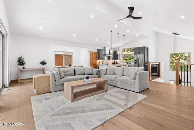 1877 Normuk St, South Lake Tahoe, CA 96150 - living area with plenty of natural light, ceiling fan, light wood-type flooring, high vaulted ceiling, and recessed lighting