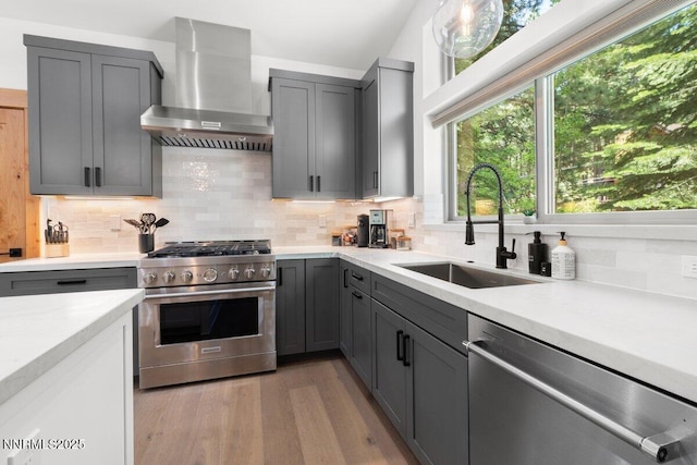1877 Normuk St, South Lake Tahoe, CA 96150 - kitchen featuring stainless steel appliances, wall chimney exhaust hood, a sink, gray cabinetry, and light countertops