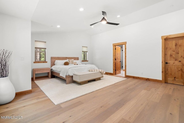 1877 Normuk St, South Lake Tahoe, CA 96150 - bedroom with lofted ceiling, light wood finished floors, baseboards, recessed lighting, and a ceiling fan