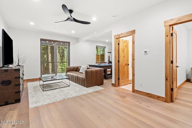 1877 Normuk St, South Lake Tahoe, CA 96150 - living area featuring light wood finished floors, recessed lighting, ceiling fan, and baseboards