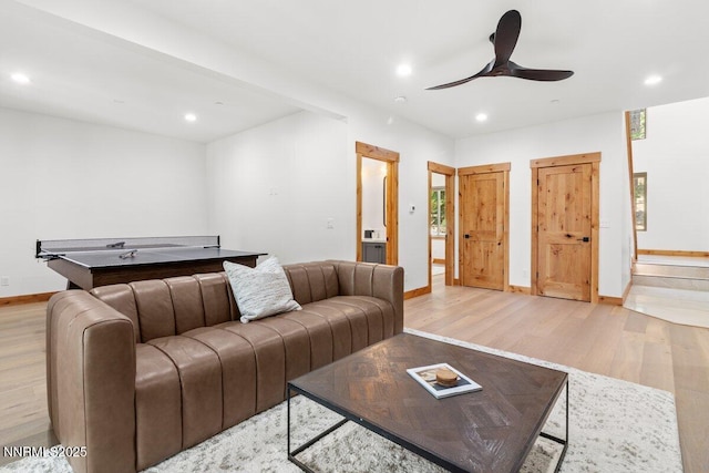 1877 Normuk St, South Lake Tahoe, CA 96150 - living area featuring light wood-type flooring, baseboards, recessed lighting, and a ceiling fan