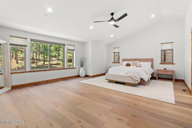 1877 Normuk St, South Lake Tahoe, CA 96150 - bedroom with baseboards, vaulted ceiling, light wood-type flooring, recessed lighting, and a ceiling fan