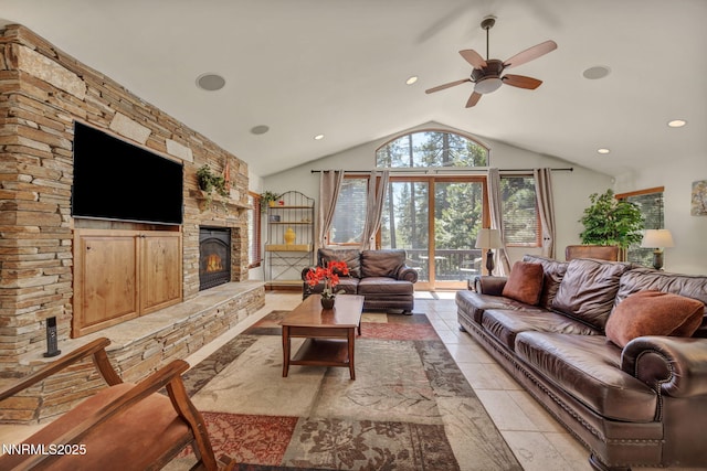 886 Rosewood Cir, Incline Village, NV 89451 - living room featuring lofted ceiling, a fireplace, ceiling fan, recessed lighting, and light tile patterned floors