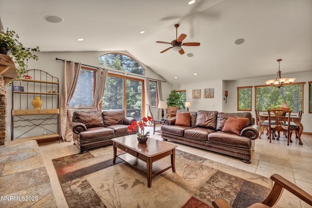 886 Rosewood Cir, Incline Village, NV 89451 - living room featuring vaulted ceiling, ceiling fan, a chandelier, and recessed lighting
