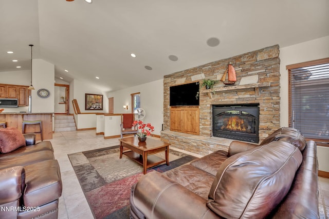 886 Rosewood Cir, Incline Village, NV 89451 - living area featuring lofted ceiling, a fireplace, recessed lighting, light tile patterned flooring, and baseboards