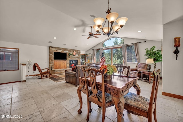 886 Rosewood Cir, Incline Village, NV 89451 - dining area featuring vaulted ceiling, a ceiling fan, baseboards, a chandelier, and a fireplace