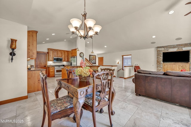 886 Rosewood Cir, Incline Village, NV 89451 - dining room featuring lofted ceiling, baseboards, a chandelier, recessed lighting, and ceiling fan