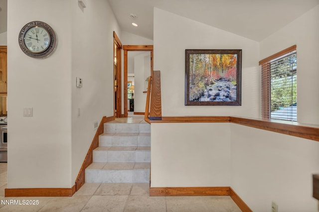 886 Rosewood Cir, Incline Village, NV 89451 - stairs featuring vaulted ceiling, baseboards, and recessed lighting
