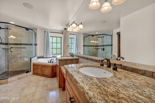 886 Rosewood Cir, Incline Village, NV 89451 - full bath featuring a stall shower, two vanities, a garden tub, tile patterned flooring, and a chandelier