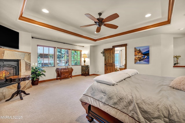 886 Rosewood Cir, Incline Village, NV 89451 - bedroom featuring a tray ceiling, carpet, baseboards, recessed lighting, and a premium fireplace