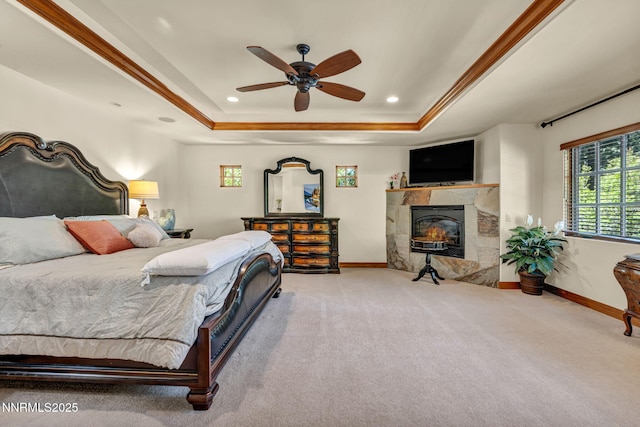 886 Rosewood Cir, Incline Village, NV 89451 - carpeted bedroom with a tray ceiling, baseboards, a fireplace, recessed lighting, and a ceiling fan