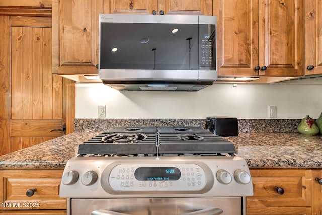 886 Rosewood Cir, Incline Village, NV 89451 - kitchen featuring appliances with stainless steel finishes, brown cabinets, and dark stone counters