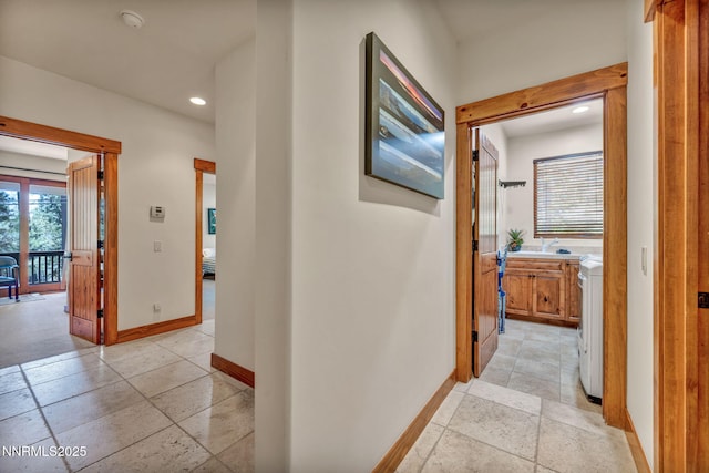 886 Rosewood Cir, Incline Village, NV 89451 - hallway featuring baseboards, recessed lighting, and stone tile flooring