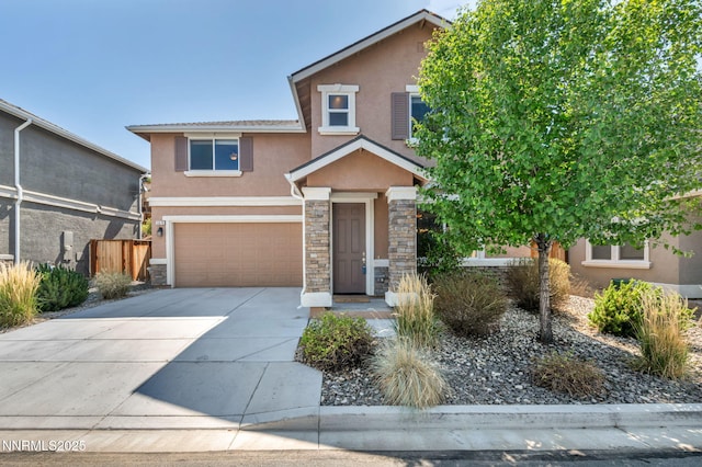 3678 Hollywood Park Dr, Reno, NV 89512 - view of front of property with stucco siding, stone siding, an attached garage, and concrete driveway