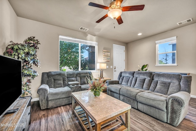 3678 Hollywood Park Dr, Reno, NV 89512 - living area with dark wood finished floors, ceiling fan, baseboards, and recessed lighting