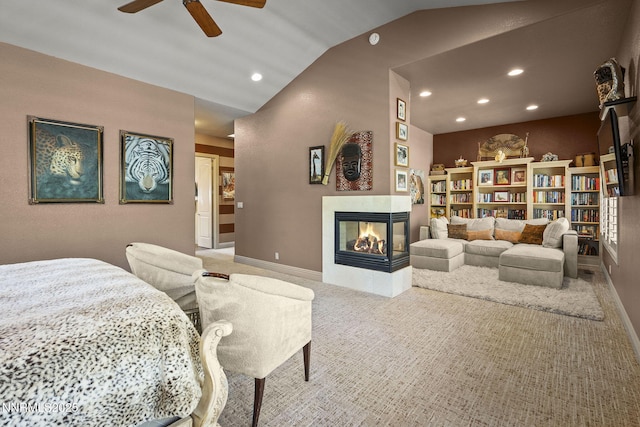 165 Piney Creek Rd, Reno, NV 89511 - bedroom featuring light colored carpet, recessed lighting, a multi sided fireplace, and vaulted ceiling