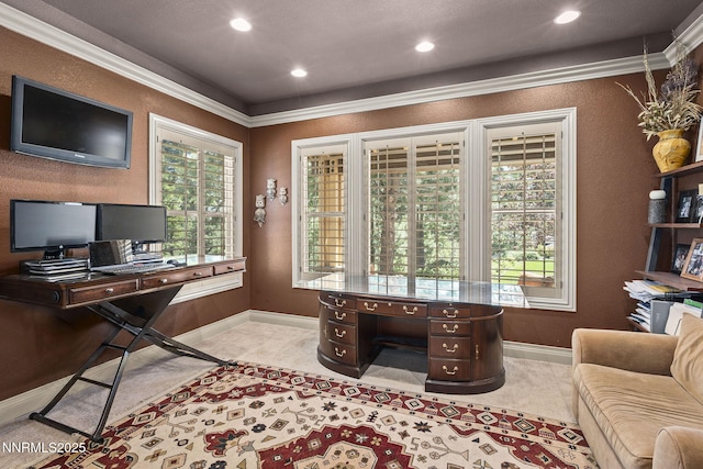 165 Piney Creek Rd, Reno, NV 89511 - carpeted home office featuring healthy amount of natural light, recessed lighting, crown molding, and a textured wall