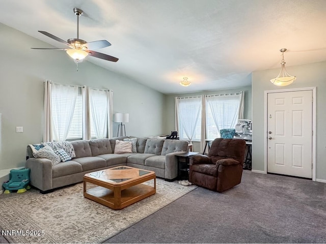 602 Tamsen Rd, Fernley, NV 89408 - living area featuring ceiling fan, vaulted ceiling, and carpet flooring